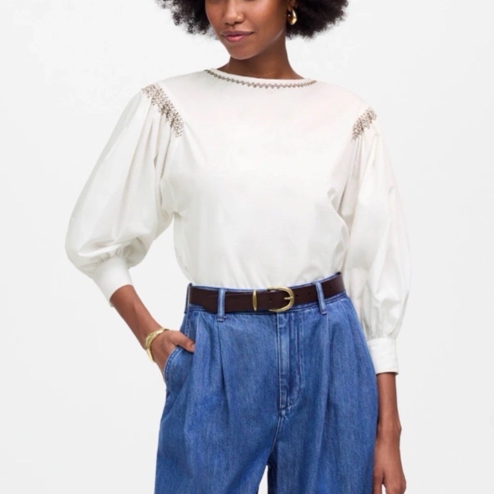 Madewell Embroidered Poplin Balloon-Sleeve Top White Boho Peasant Size L